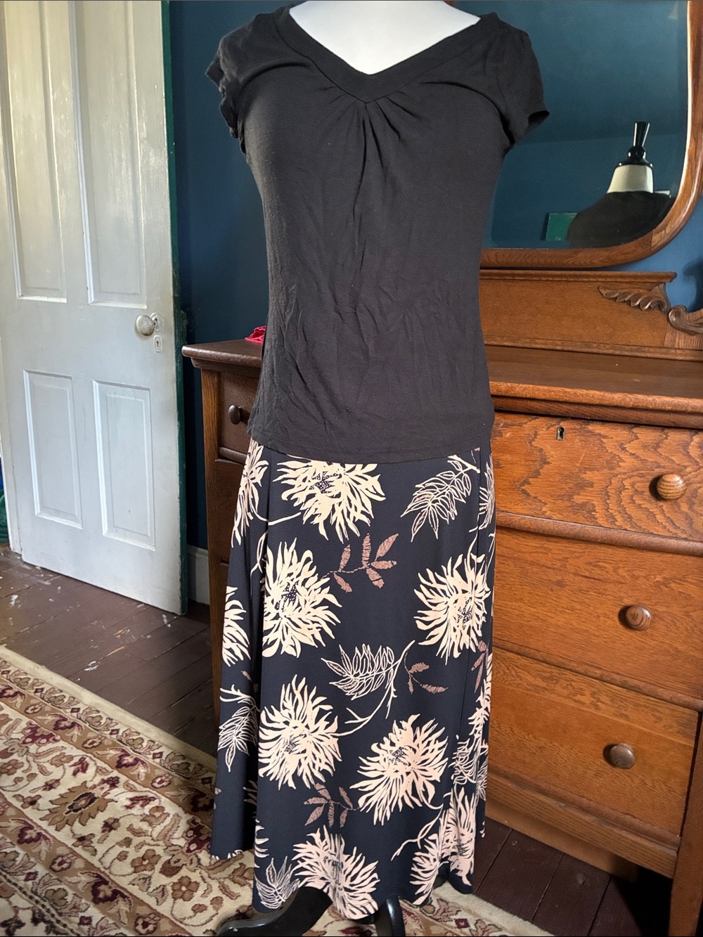New York & Company Black Maxi Skirt with Cream Floral Print